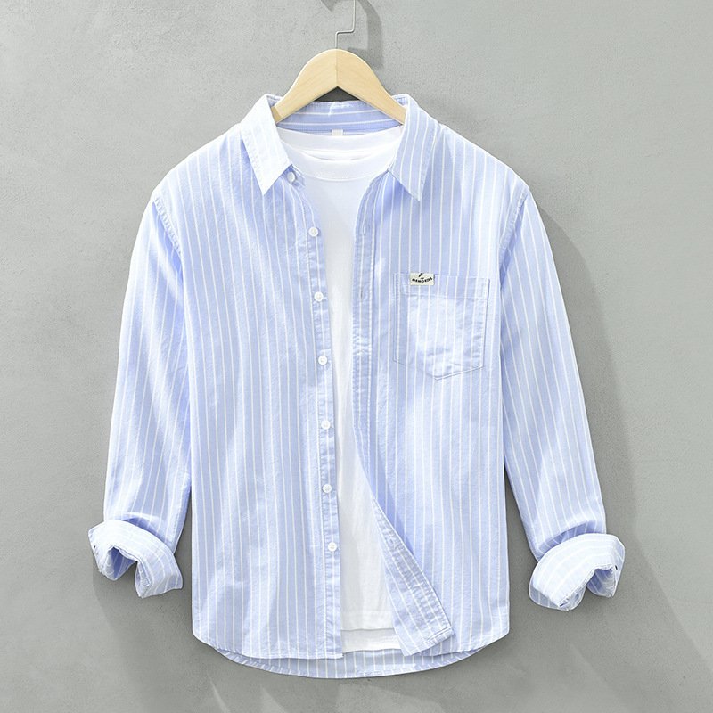 Simple Versatile Striped Oxford-cloth Long-sleeve Mens Casual Loose-fit Cotton Shirt - Image 9