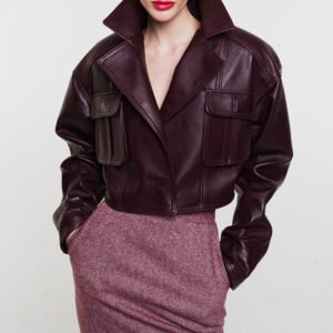 Patchwork Pocket Cropped Leather Coat Women