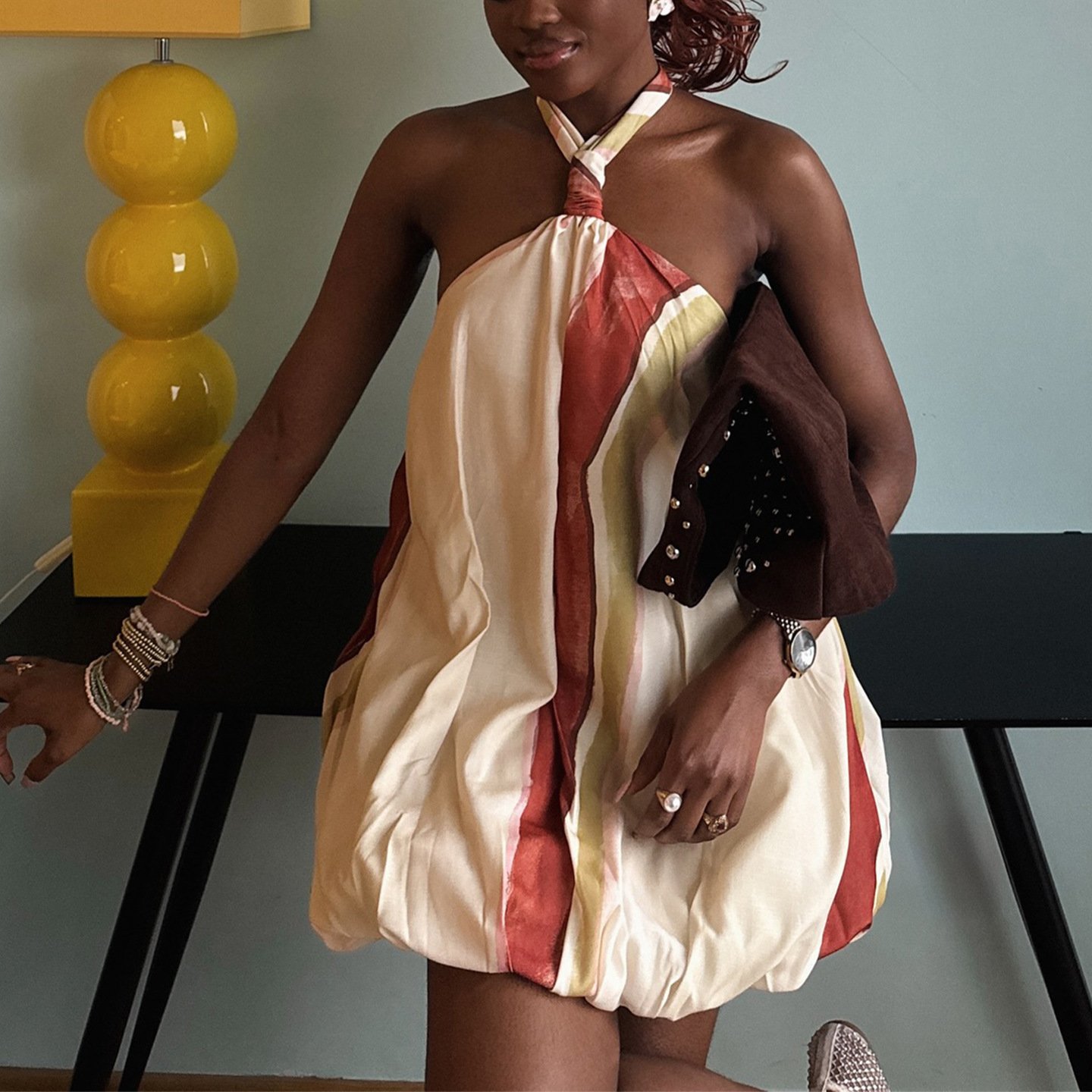 Neck-hanging Backless Color-block Dress - Image 4