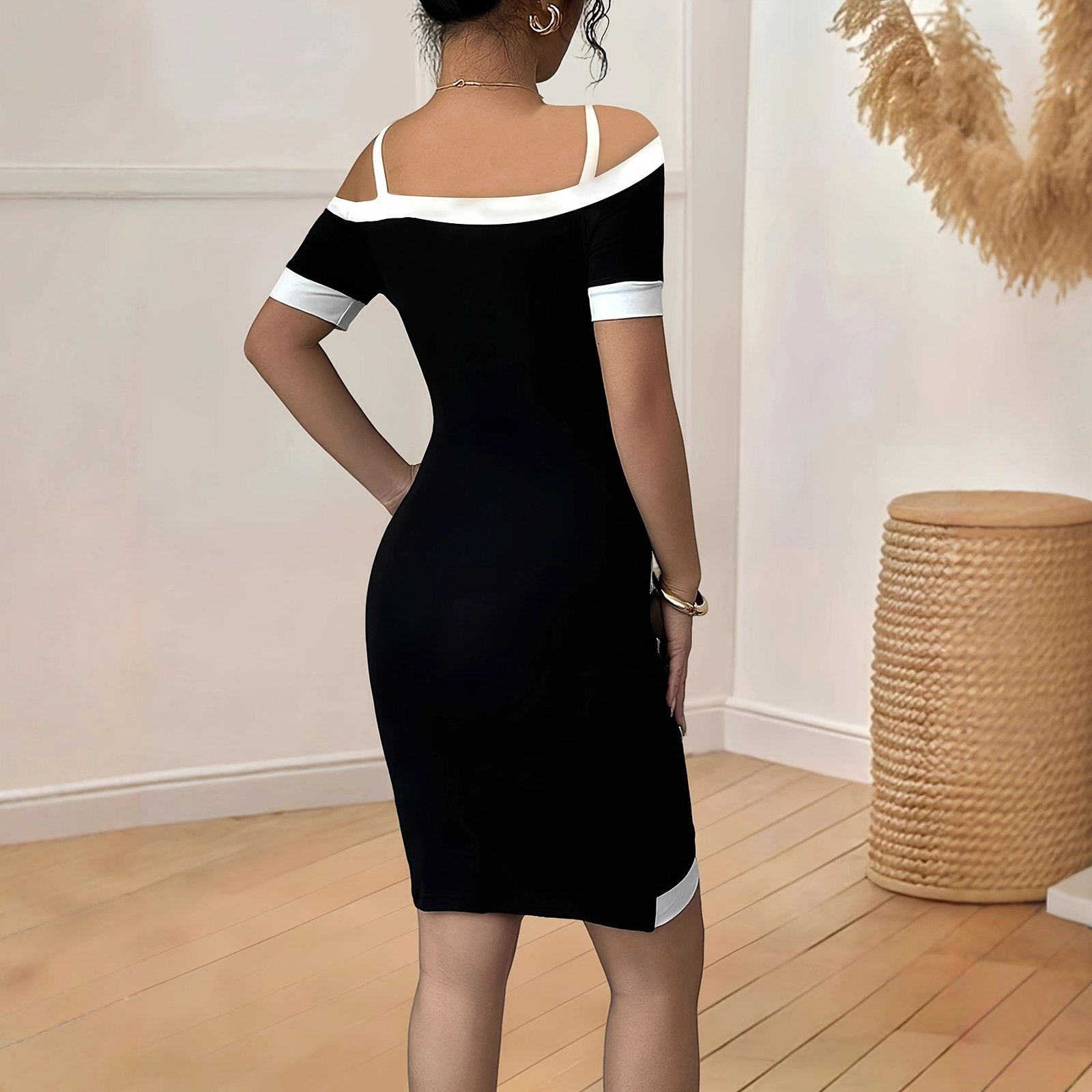 Womens Fashion V-Neck Golden Buckle Slanted Stripe Dress - Image 2