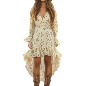 Women's Dress With Ruffled Hem And Irregular Print