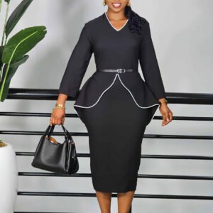 Professional Long-sleeve Dress With Ruffled Hem
