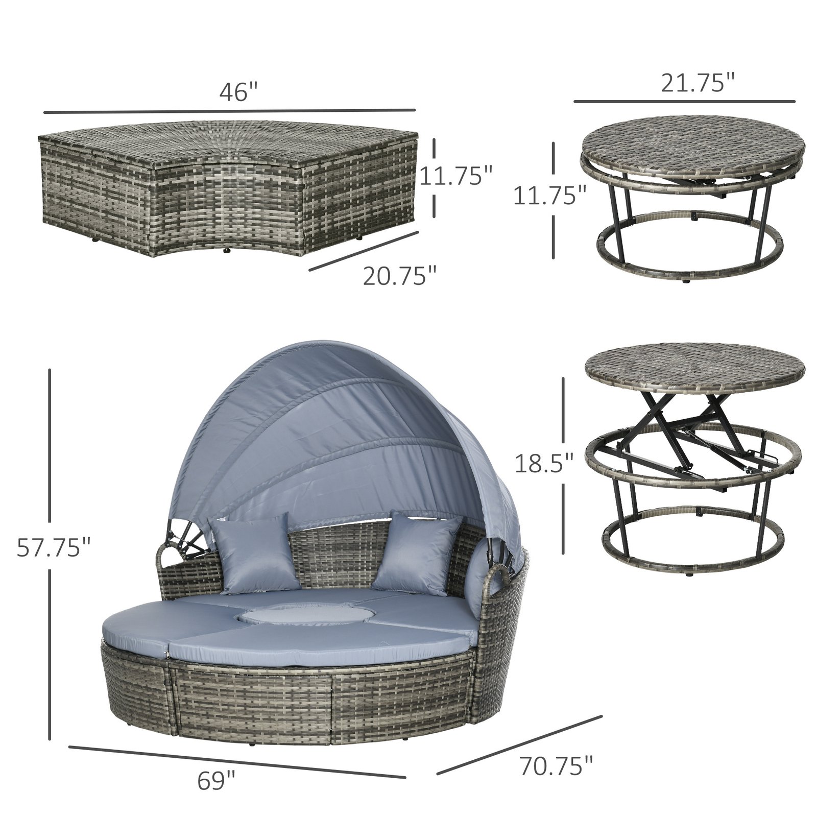 4 Piece Round Rattan Daybed, Convertible Patio Furniture Set, Adjustable Sun Canopy, Sectional Outdoor Sofa, 2 Chairs, Extending Tea Table Ottoman Chair, 3 Pillows, Light Gray - Image 3