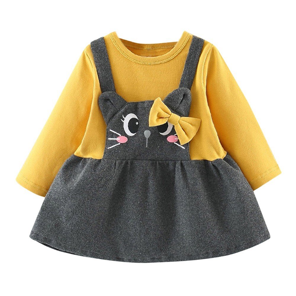 Printed long sleeve cartoon cat face bow baby dress - Image 6