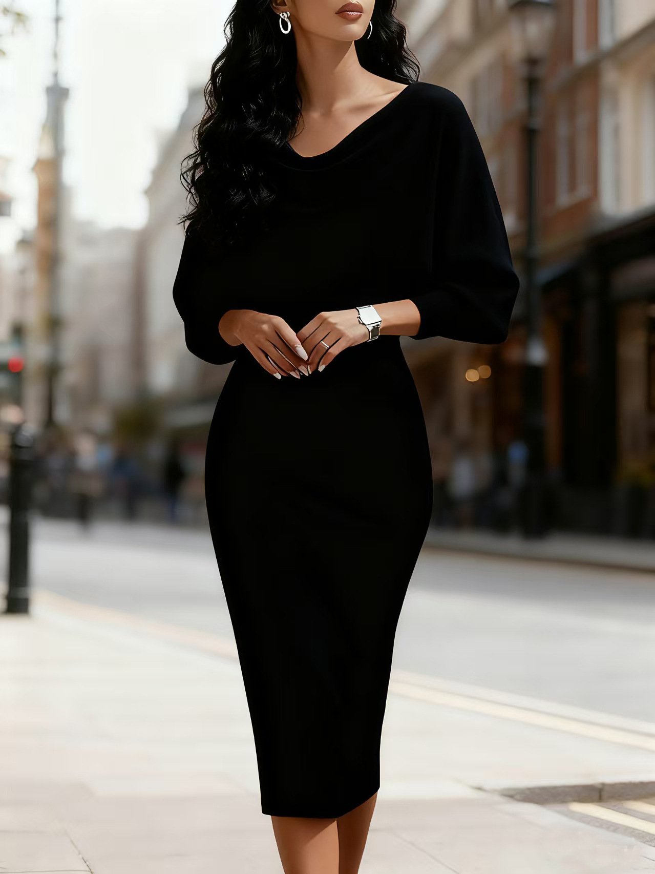 Womens Ribbed Crew-neck Batwing Long-sleeve Waist-cinching Dress - Image 6