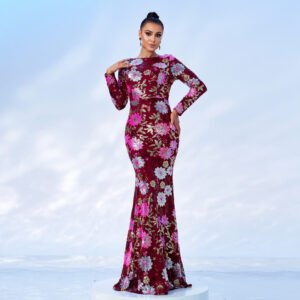 Evening Gown Long Sleeve Temperament Crew Neck Long Sequined Banquet Bridesmaid Dress