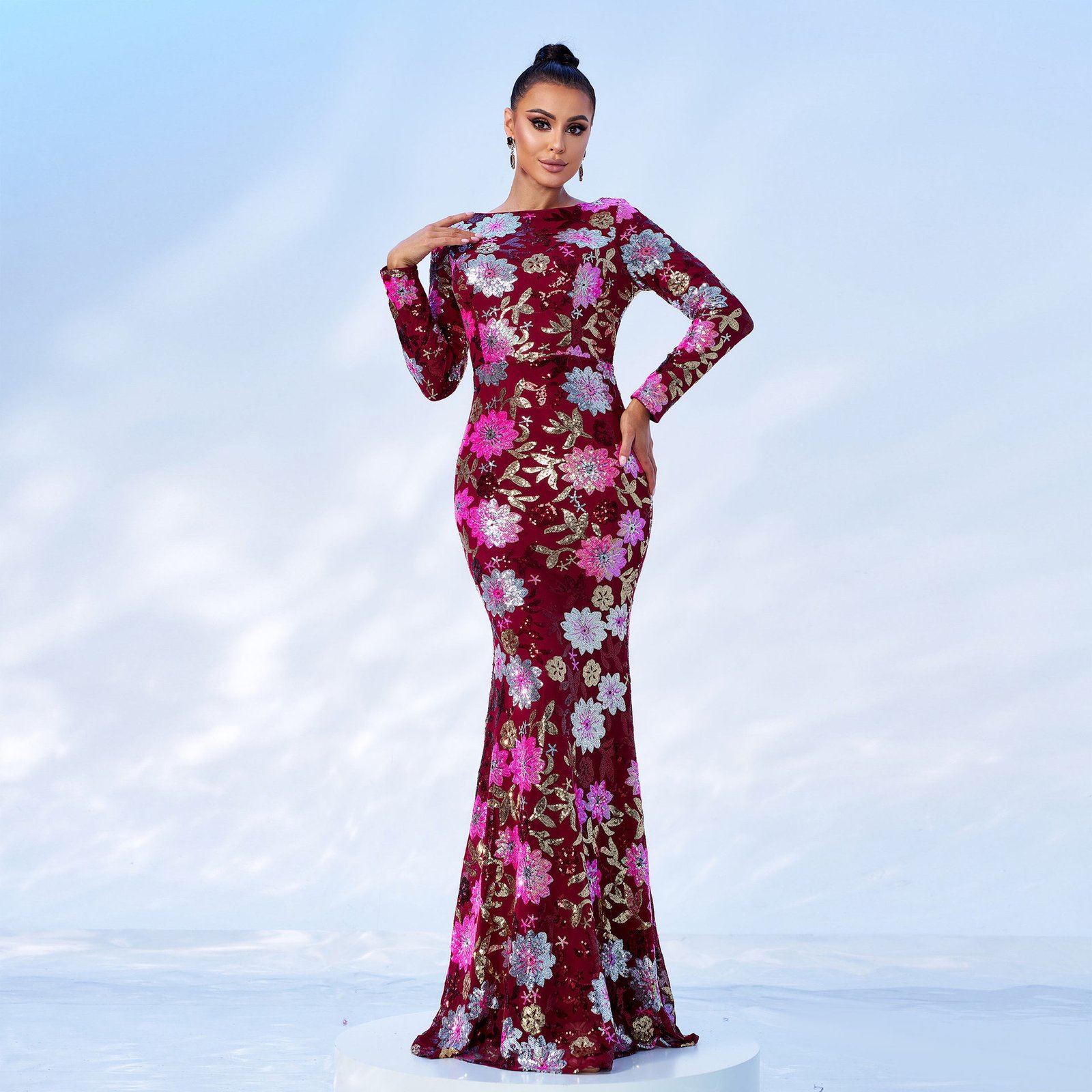 Evening Gown Long Sleeve Temperament Crew Neck Long Sequined Banquet Bridesmaid Dress - Image 9