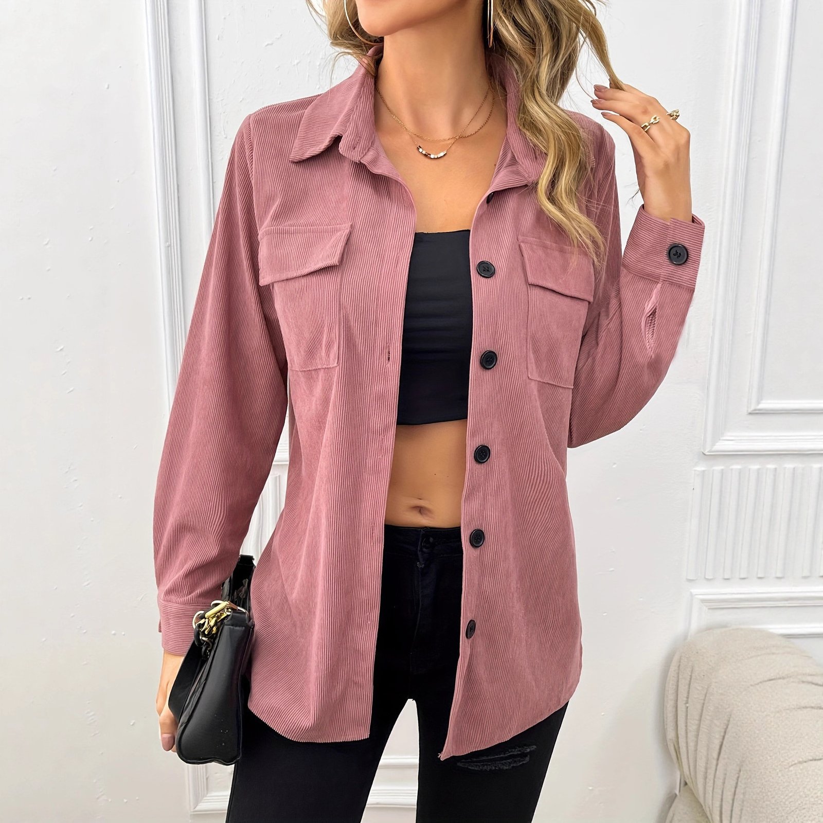 Corduroy Lapel Shirt Vintage Cardigan Pocket Shirt Coat Women - Image 8
