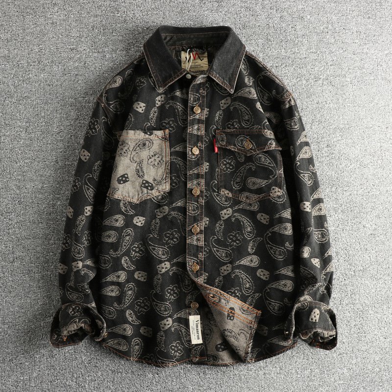 Yarn-dyed Paisley Pattern Mild Luxury Retro American Denim Long Sleeve Shirt - Image 4