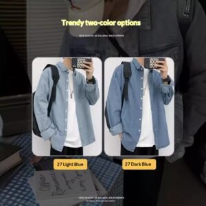 New Hong Kong Style Handsome Design Blue Denim Long Sleeve Shirt