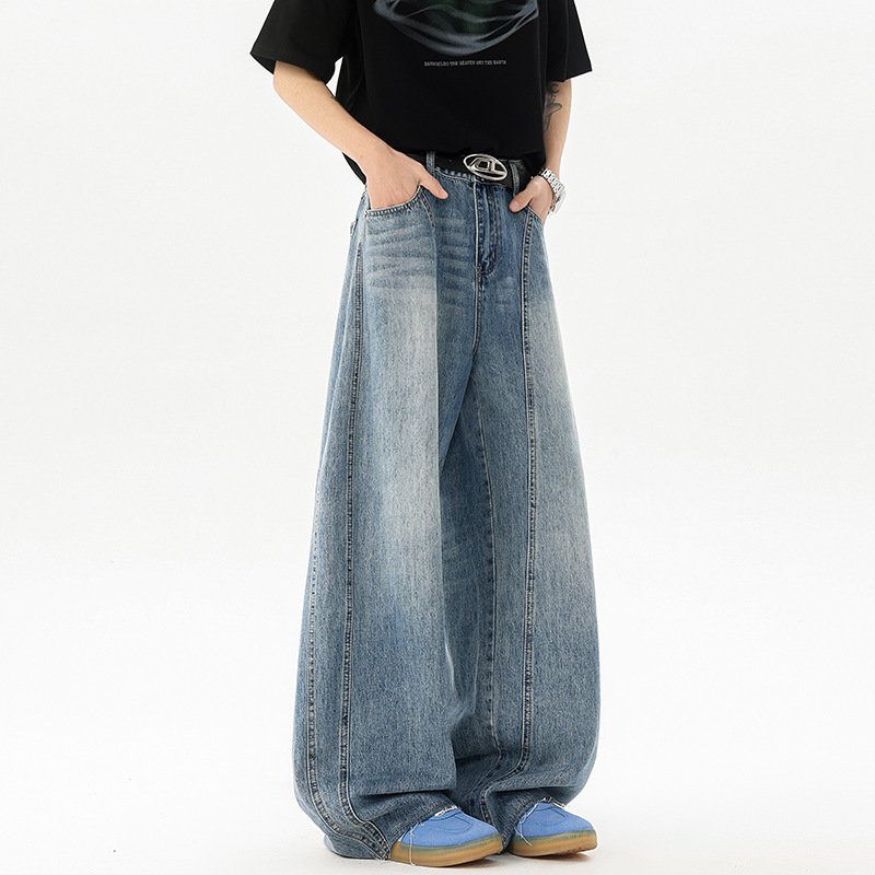Retro Blue Denim Mens Loose Wide-leg Pants - Image 4