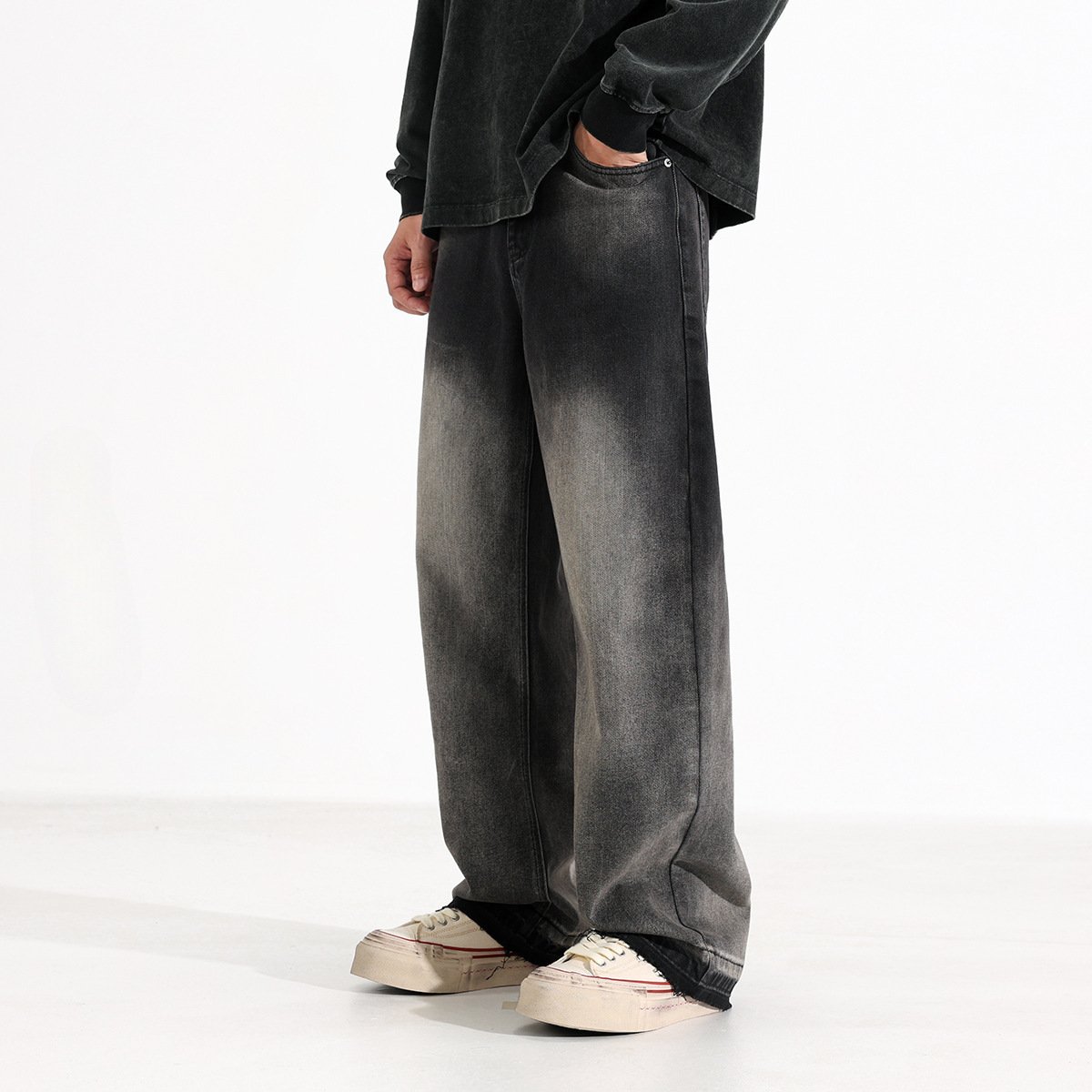 American-style Heavy Washed Black And Gray Straight Jeans Men's Loose Wide Leg Casual Trousers - Image 5