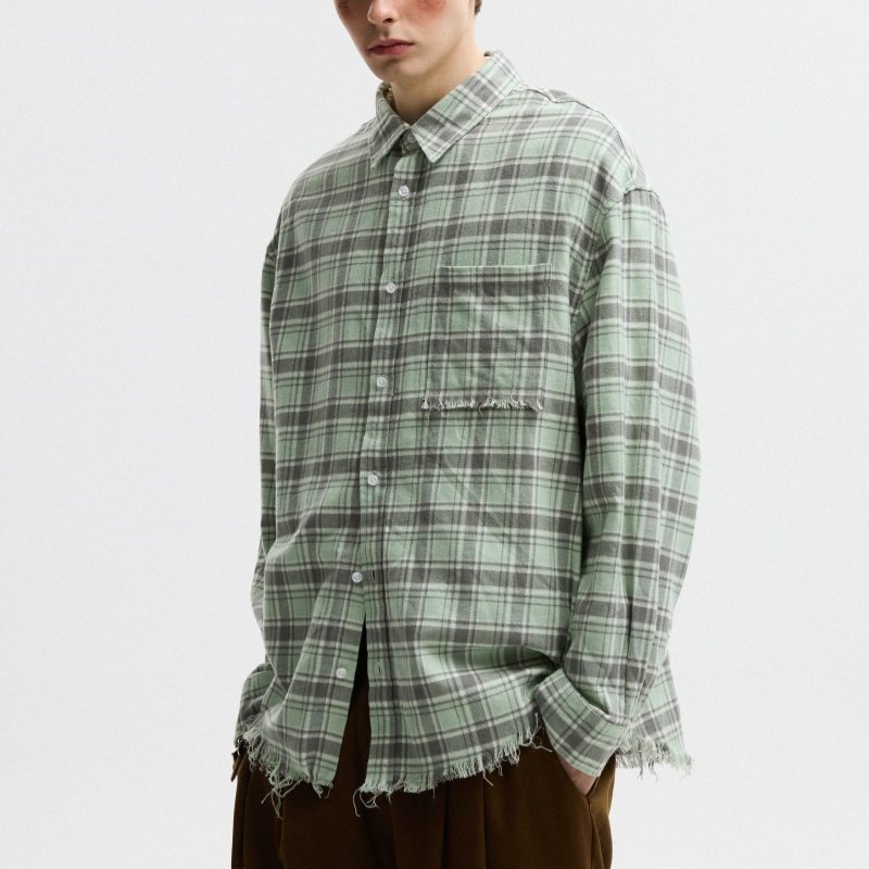 Unisex Autumn American-style Plaid Shirt With Raw Edges - Image 6