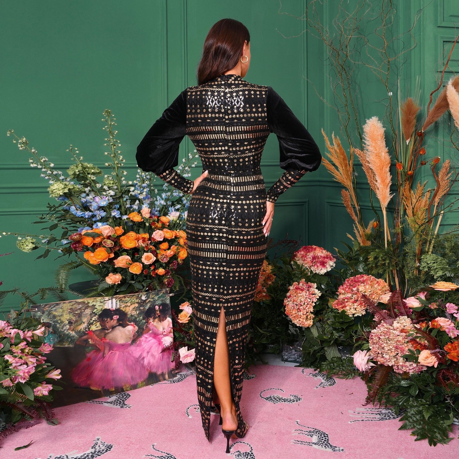 Long Sleeve Round Neck Sequins Slit Evening Dress - Image 7