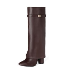 Womens Pointed-toe High-shaft Straight-leg Mid-calf Boots With Metal Buckles