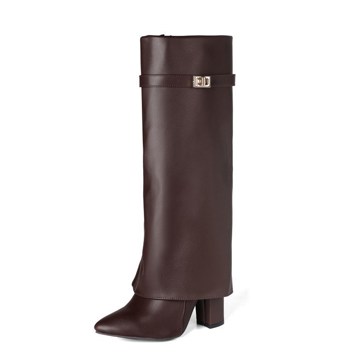 Womens Pointed-toe High-shaft Straight-leg Mid-calf Boots With Metal Buckles - Image 9