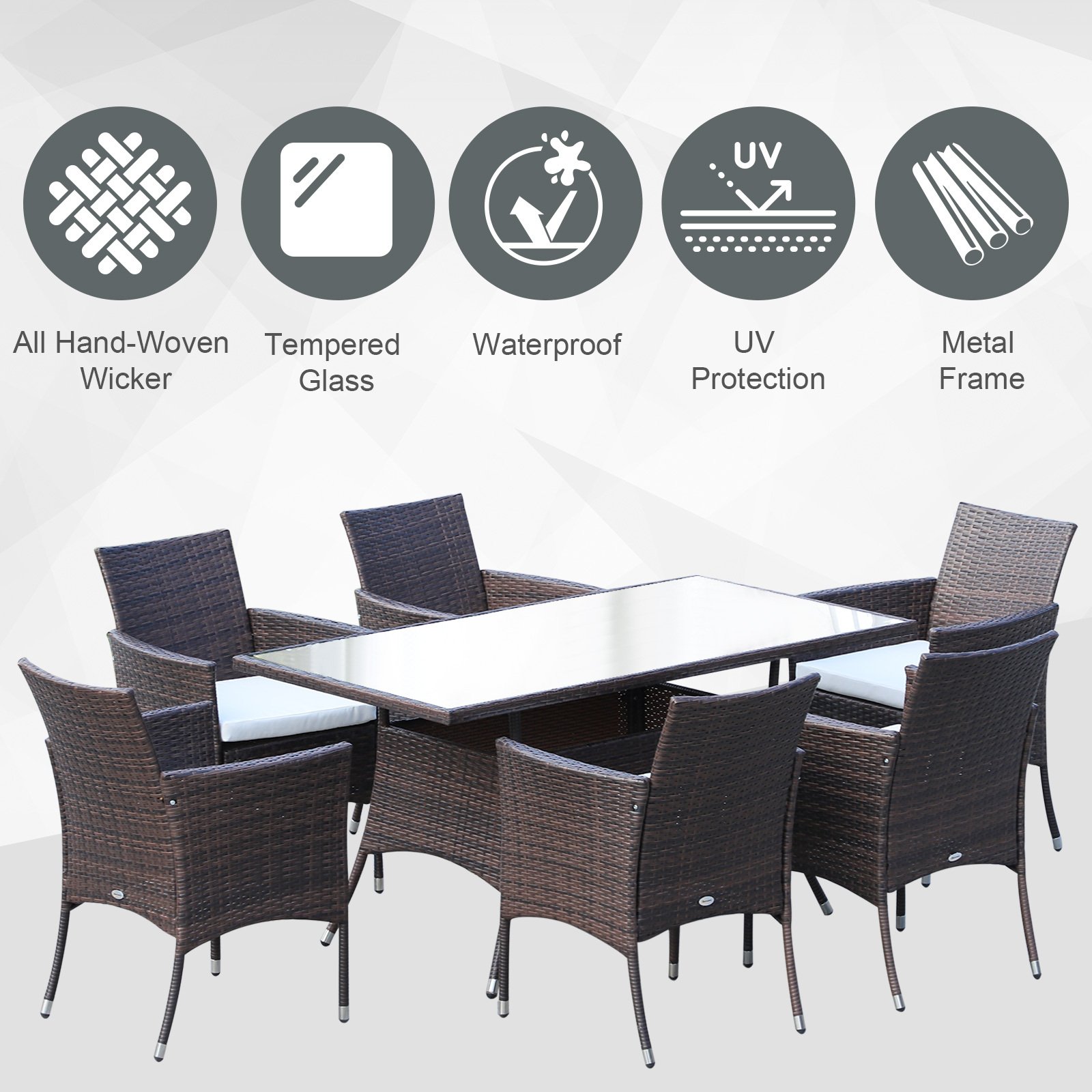 6 Seater Rattan Dining Set With Cushions, Rattan Garden Furniture Set With 6 Armchairs, Rectangular Glass Top Table, Outdoor Dining Table And Chairs, Brown - Image 4