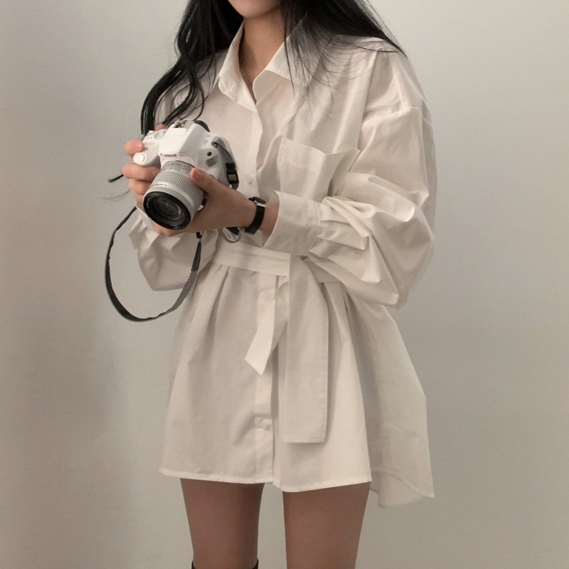 Womens Minimalist Solid-color Loose-fitting Belted Shirt Dress