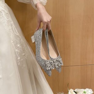 Silver French Style Mid Heel Ladies New Square Buckle Large Size Plus Sizes Pumps