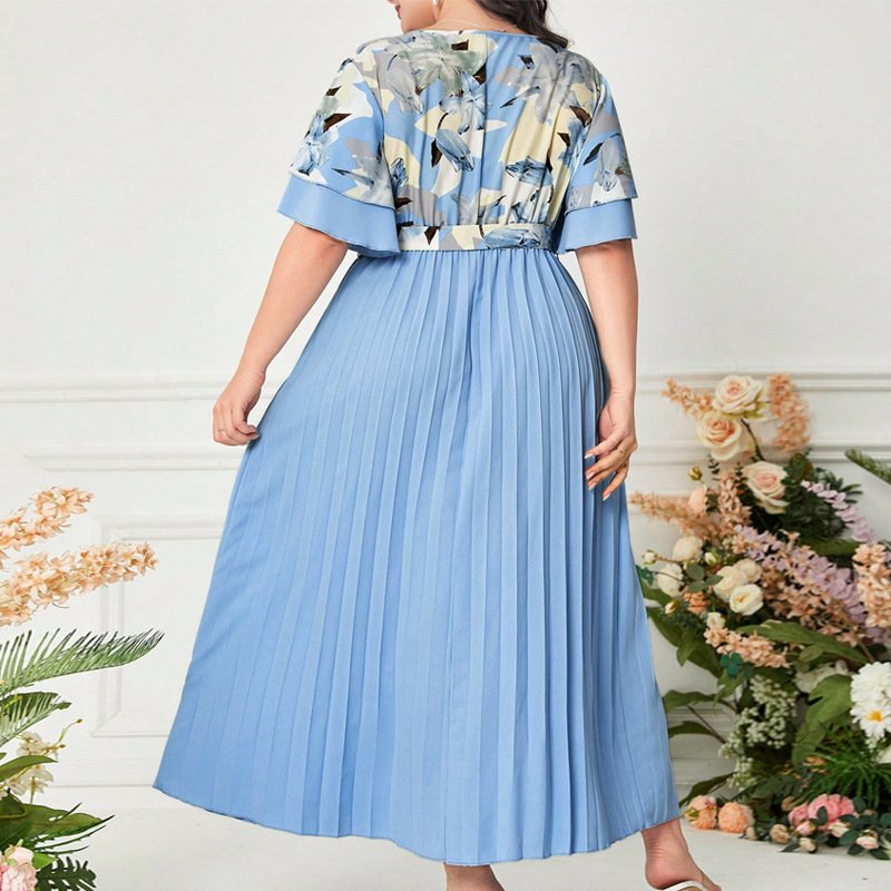 Printed V-neck Spliced Slim-fit Ladies Dress - Image 2