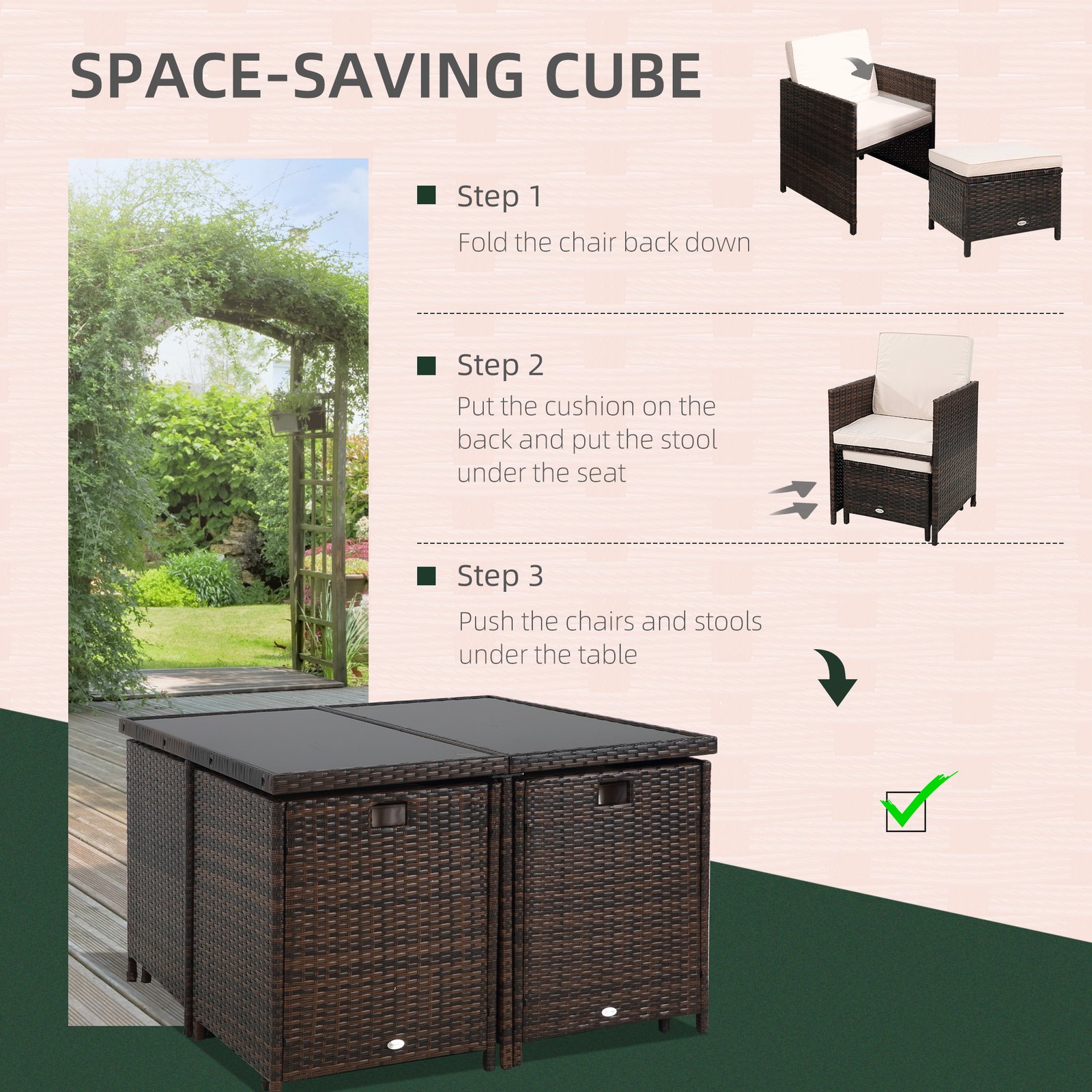 8 Seater Rattan Cube Garden Furniture Set, Rattan Dining Set With Cushions, Outdoor Dining Table And Chairs With 4 Armchairs, 4 Stools, Square Glass Top Table For Patio, Balcony, Brown - Image 4