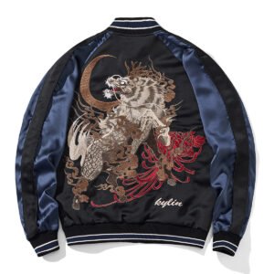 Heavy Duty Embroidered Mythical Beast Qilin Mens Casual Baseball Jacket