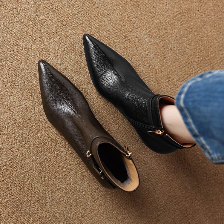 All-leather Fashion Boots Top-layer Sheepskin Stiletto Heel Pointed Toe Side Belt Buckle Chic Retro High Heels - Image 2
