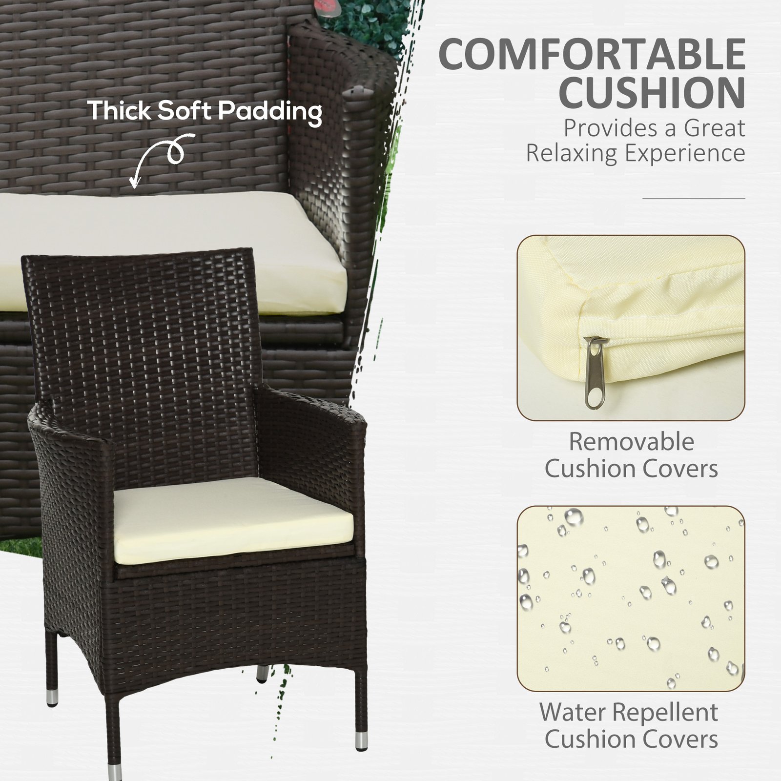 2 Pieces Outdoor PE Rattan Dining Chairs Set With Cushion, Garden Armchair With Armrests, High Backrest, Metal Frame Patio Wicker Furniture, Coffee - Image 5