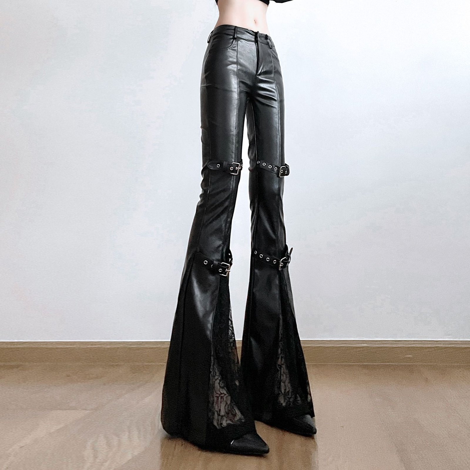 Lace Stitching Leather Bell-bottom Pants - Image 4