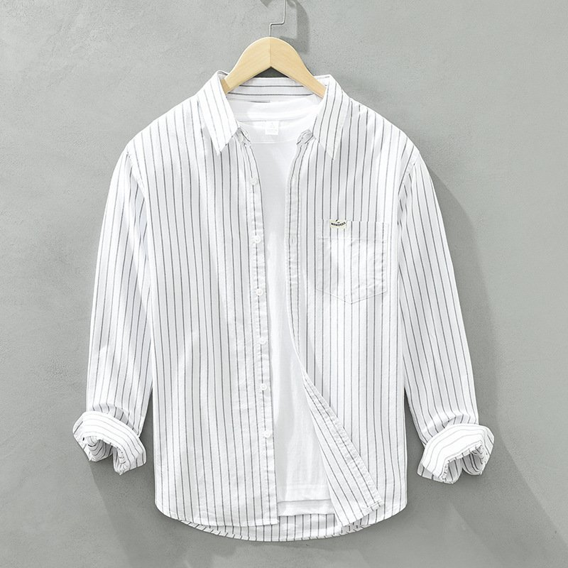 Simple Versatile Striped Oxford-cloth Long-sleeve Mens Casual Loose-fit Cotton Shirt - Image 5