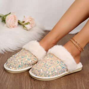 Sequin Flat Plush Slippers For Women