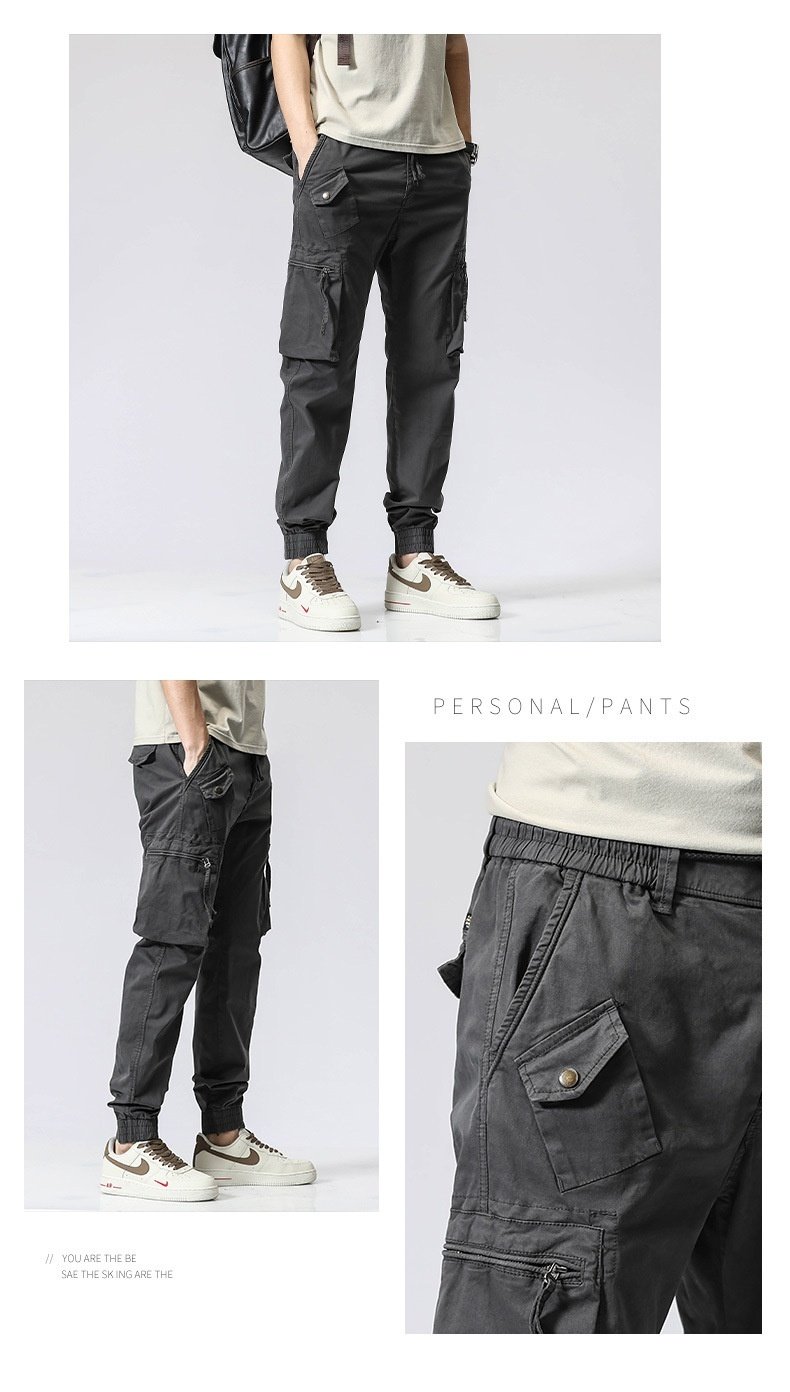 Casual Pants Trendy Brand Elastic Waist Men's Youth Simple Pure Cotton Multi-pocket Work Pants Trousers Ankle-tied - Image 10