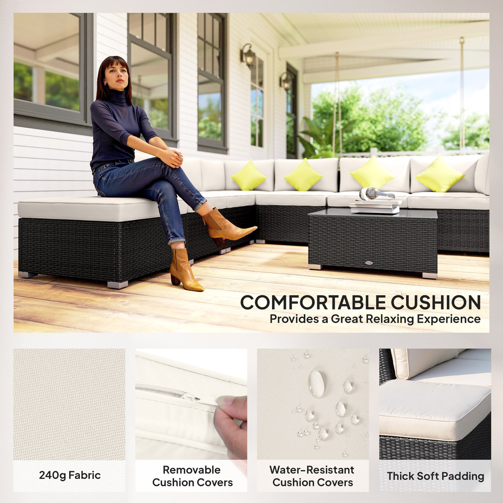 8 Piece Rattan Corner Sofa Set With Wide & Deep Seat, Assembled Aluminium PE Rattan Garden Furniture Set With Thick Cushions And Glass Top Table For Outdoor, Conservatory, Black - Image 5