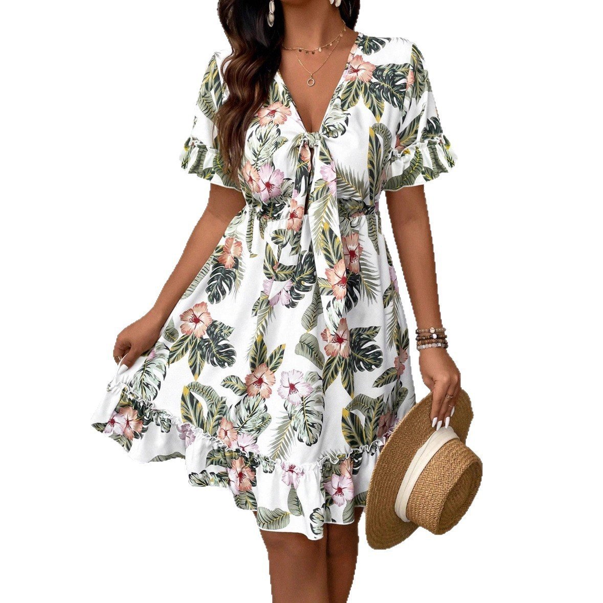 V-neck Floral-print Chic Resort-style Dress - Image 3