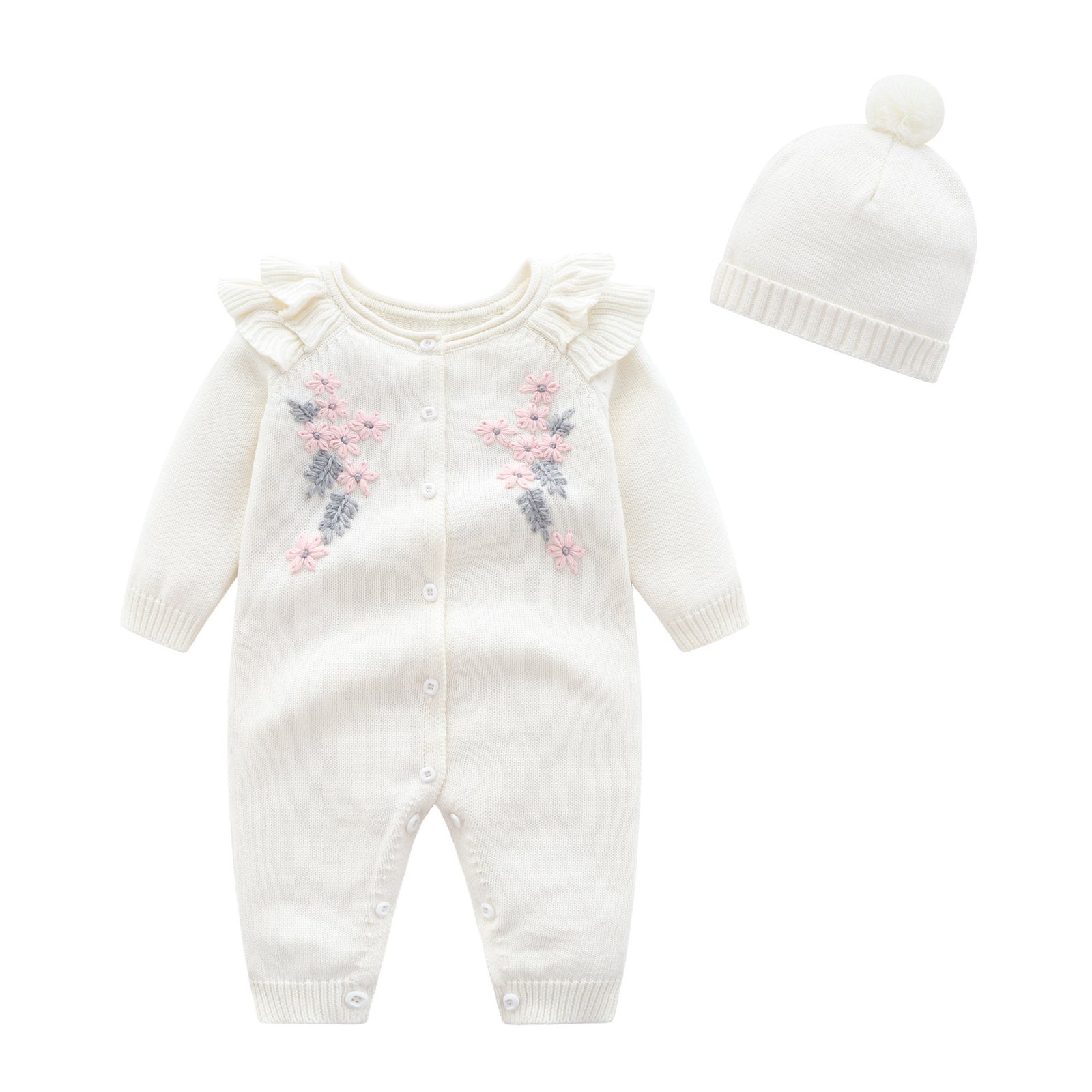 Baby Girl Princess Embroidered Flower Knit Romper Long Sleeve Onesie Jumpsuit - Image 4