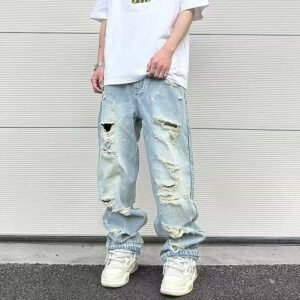 Water Washed Hole Retro Street Wide Leg Jeans