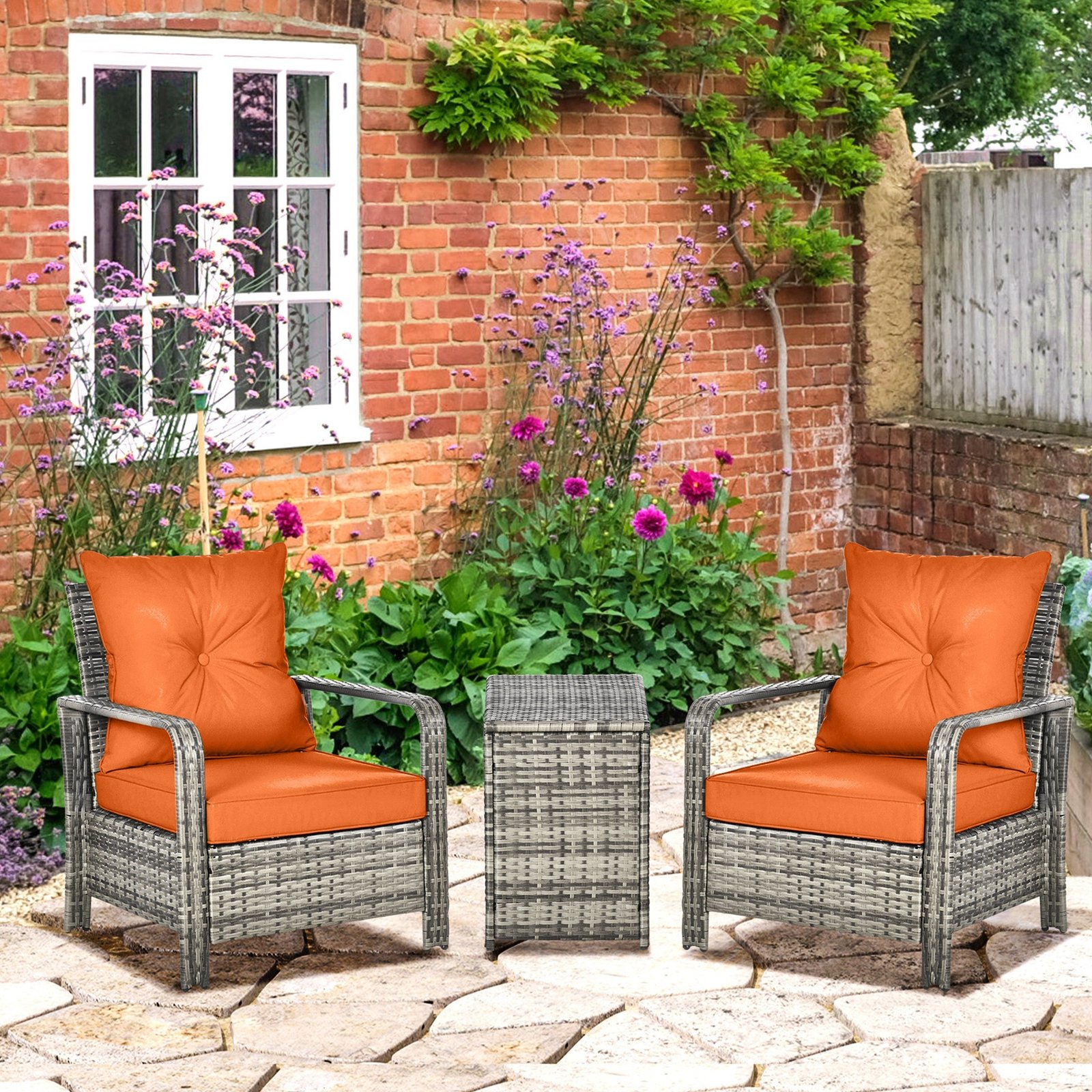 3 Pieces Rattan Bistro Set, Wicker Garden Furniture Set With Storage Coffee Table And Chairs, Thickened Cushions For Outdoor, Patio, Balcony, Orange - Image 2