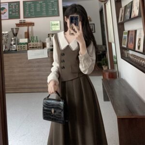 Womens French-Style Retro Patchwork Mock Two-Piece Dress