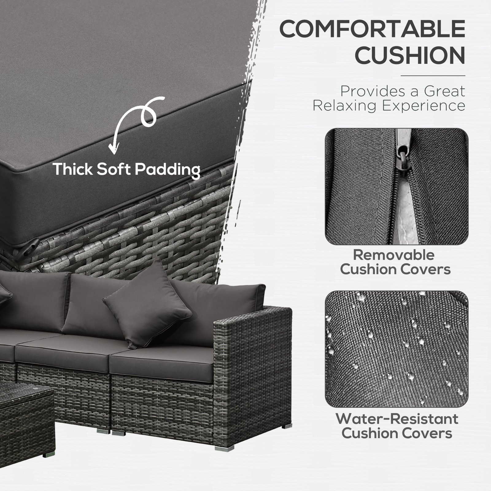 6 Piece Patio Furniture Set Outdoor Wicker Conversation Set All Weather PE Rattan Sectional Sofa Set with Ottoman, Cushions and Tempered Glass Table, Mixed Gray and Charcoal - Image 5