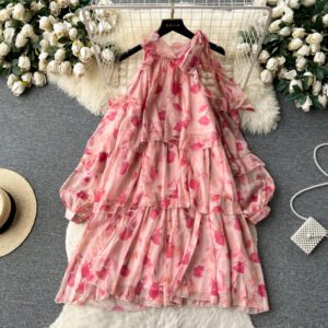 Rare Vacation-style Floral Chiffon Dress