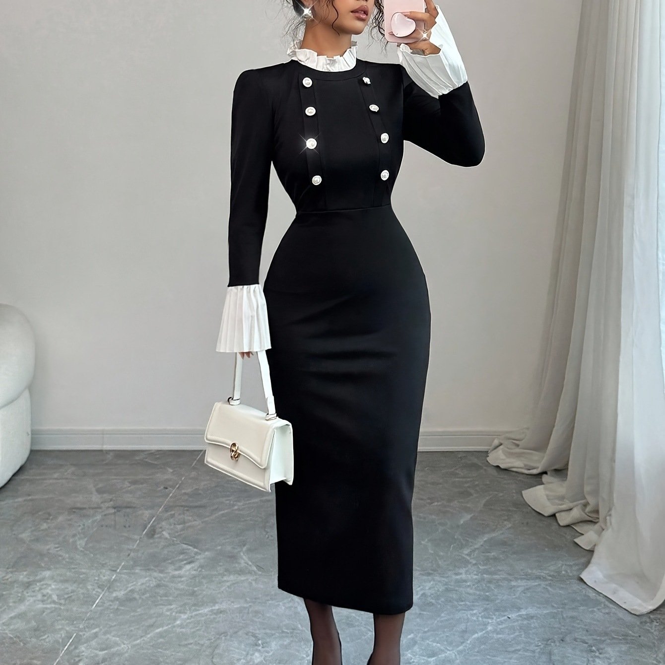Elegant Knit Bodycon Dress Adorned With A Ruffled Hem And Striking Gold Contrast Buttons - Image 3