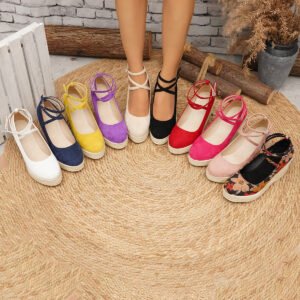 Solid Color Women's Ankle Strap Straw Woven Wedge Platform Shoes