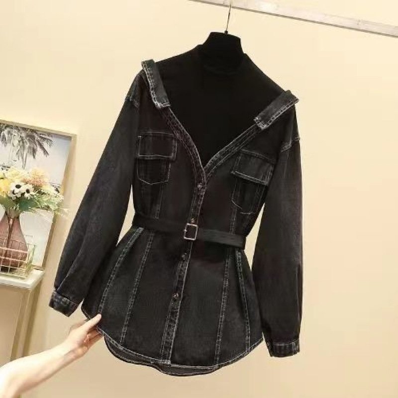 Women's Fashion Waist-Cinching Fake Two-Piece Long Sleeve Denim Jacket - Image 3