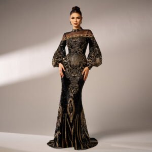 Long Sleeve Round Neck Sequins Mesh Fishtail Evening Dress
