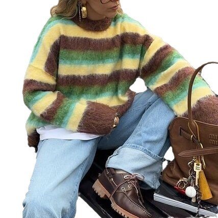 Women's New Color Round Neck Striped Knitted Sweater Fashion Loose - Image 5