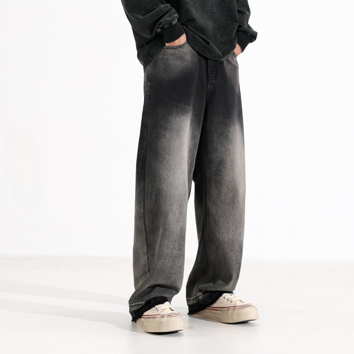 American-style Heavy Washed Black And Gray Straight Jeans Men's Loose Wide Leg Casual Trousers - Image 6