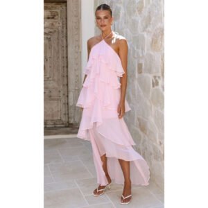 Solid-color Chiffon Tiered Dress With A Halter Neckline And Ruffled Hem