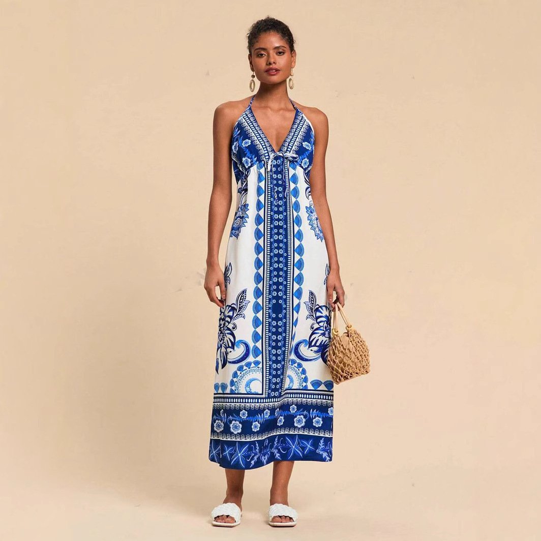 Womens Woven Printed Backless Halter Maxi Dress For Vacation - Image 3