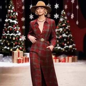 Womens Christmas-Style Fashion Plaid Polo-Neck Shirt Dress