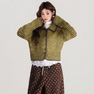 Polo Collar Striped Single-breasted Knitted Sweater Long Sleeve